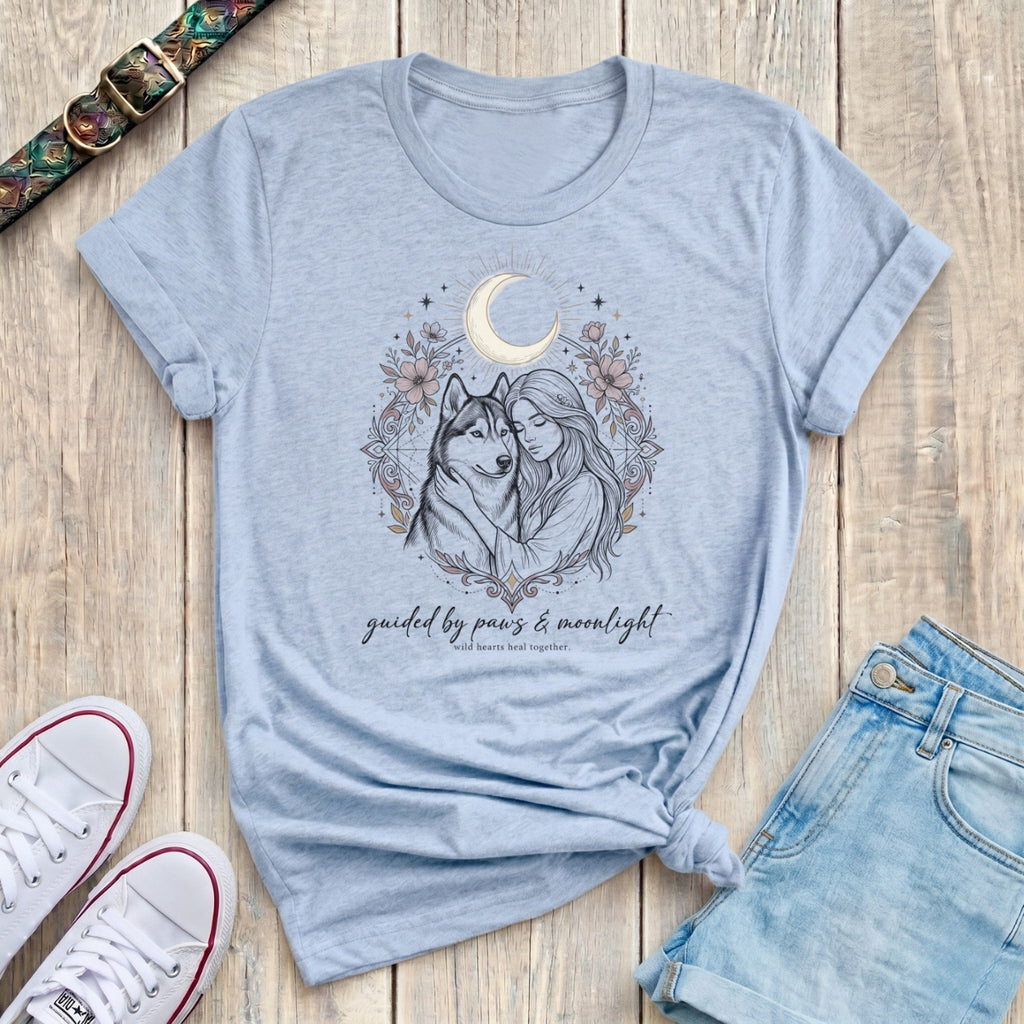 Fetchkind light blue guided by paws and moonlight husky celestial tshirt dog lover UK