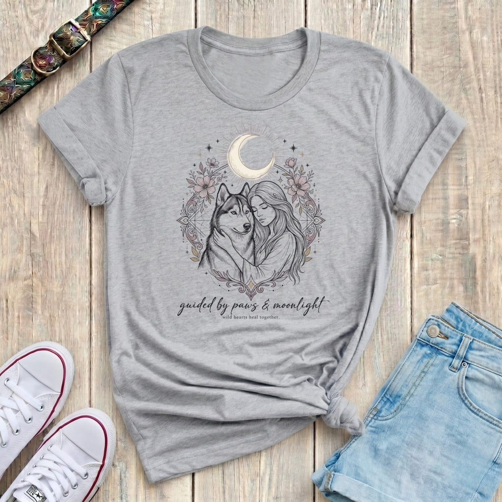 Fetchkind sport grey guided by paws and moonlight husky illustration celestial tshirt UK