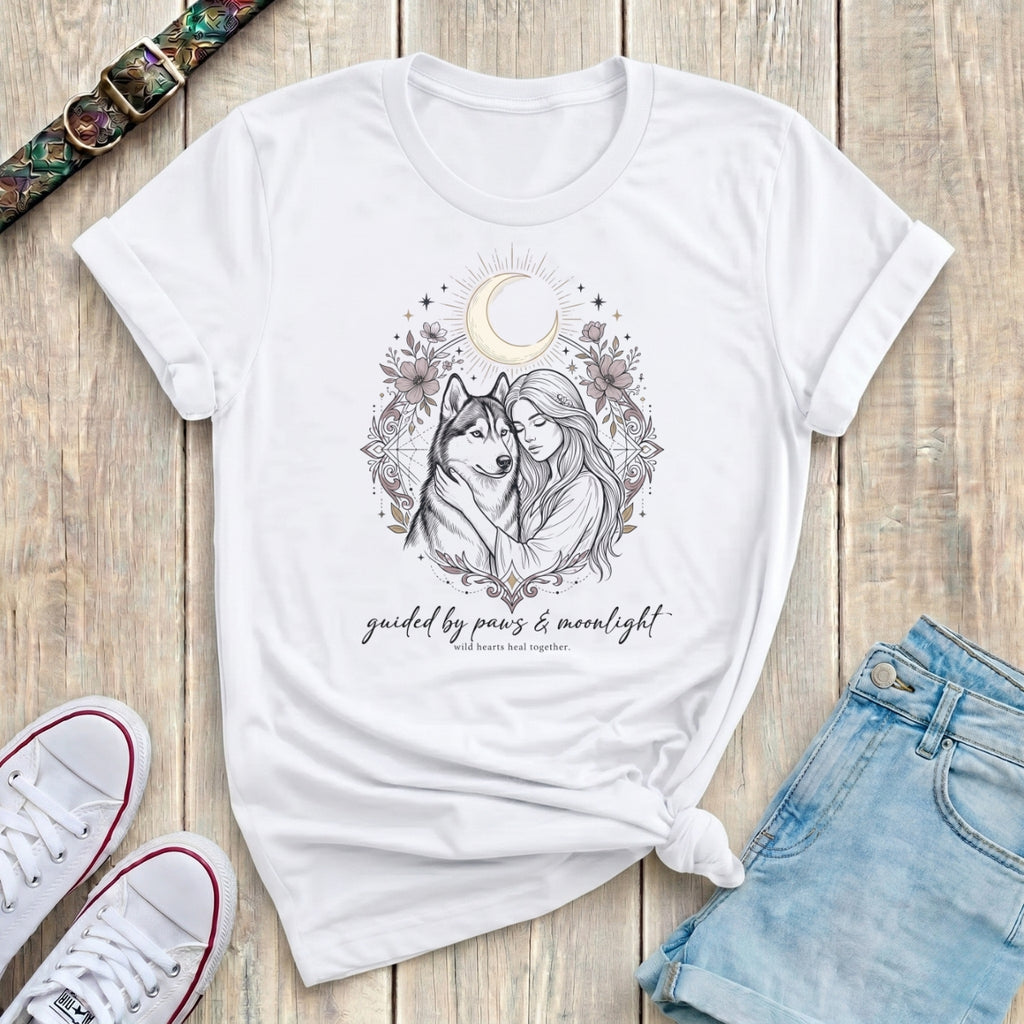 Fetchkind white guided by paws and moonlight husky celestial botanical illustration tshirt