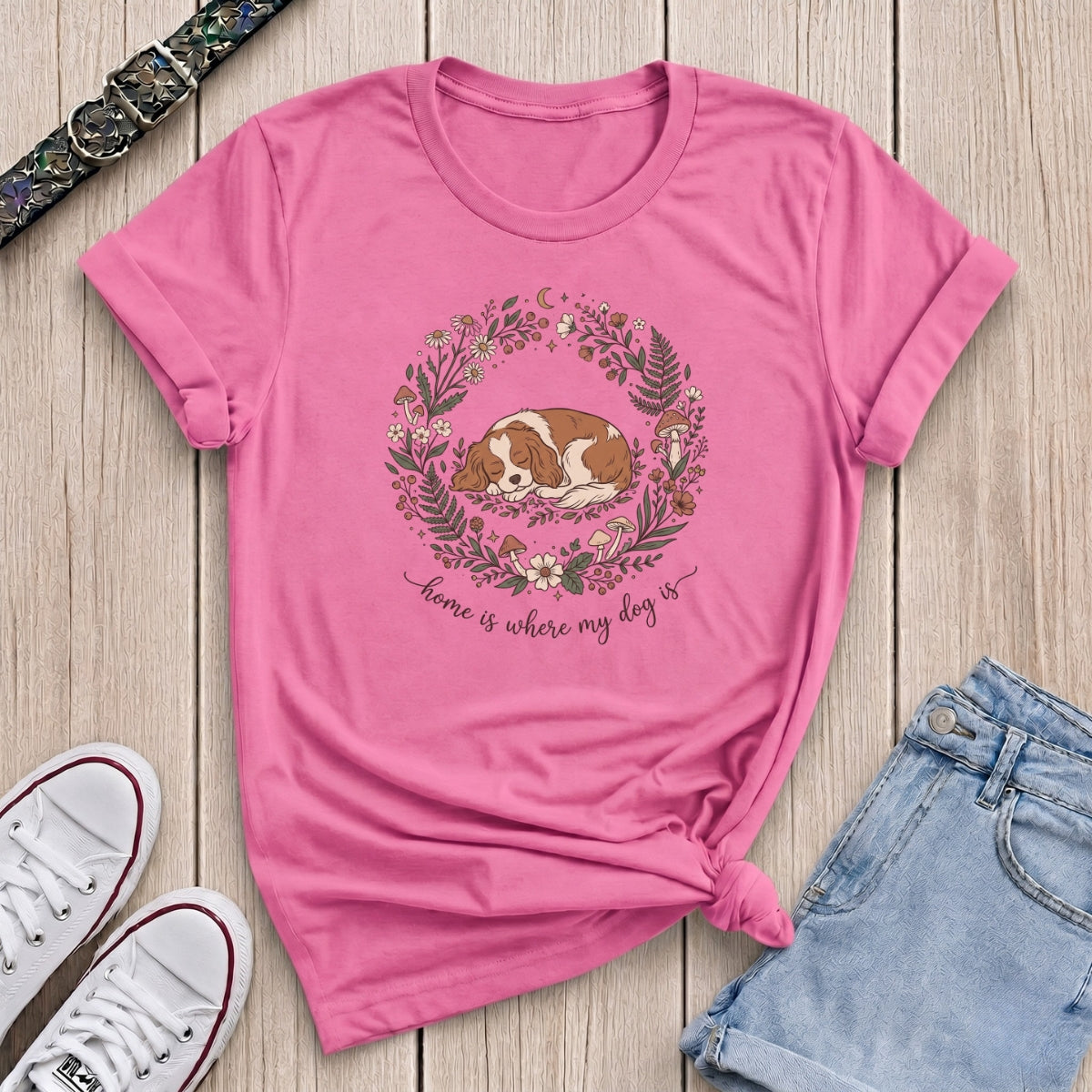 Fetchkind azalea pink spaniel botanical wreath tee home is where my dog is dog lover gift
