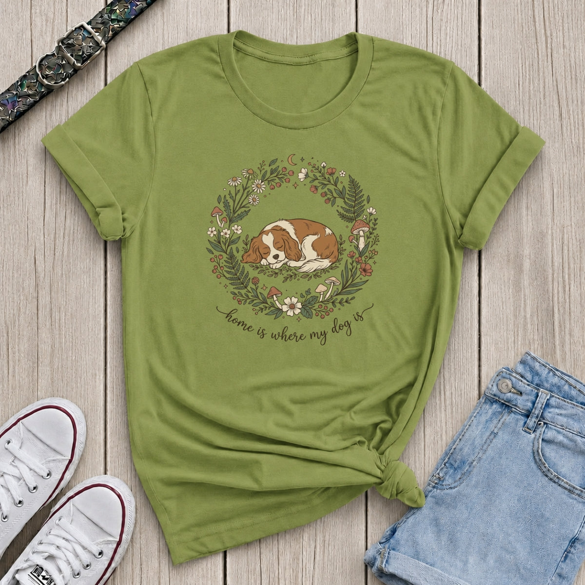 Fetchkind kiwi green home is where my dog is spaniel botanical wreath dog lover tshirt