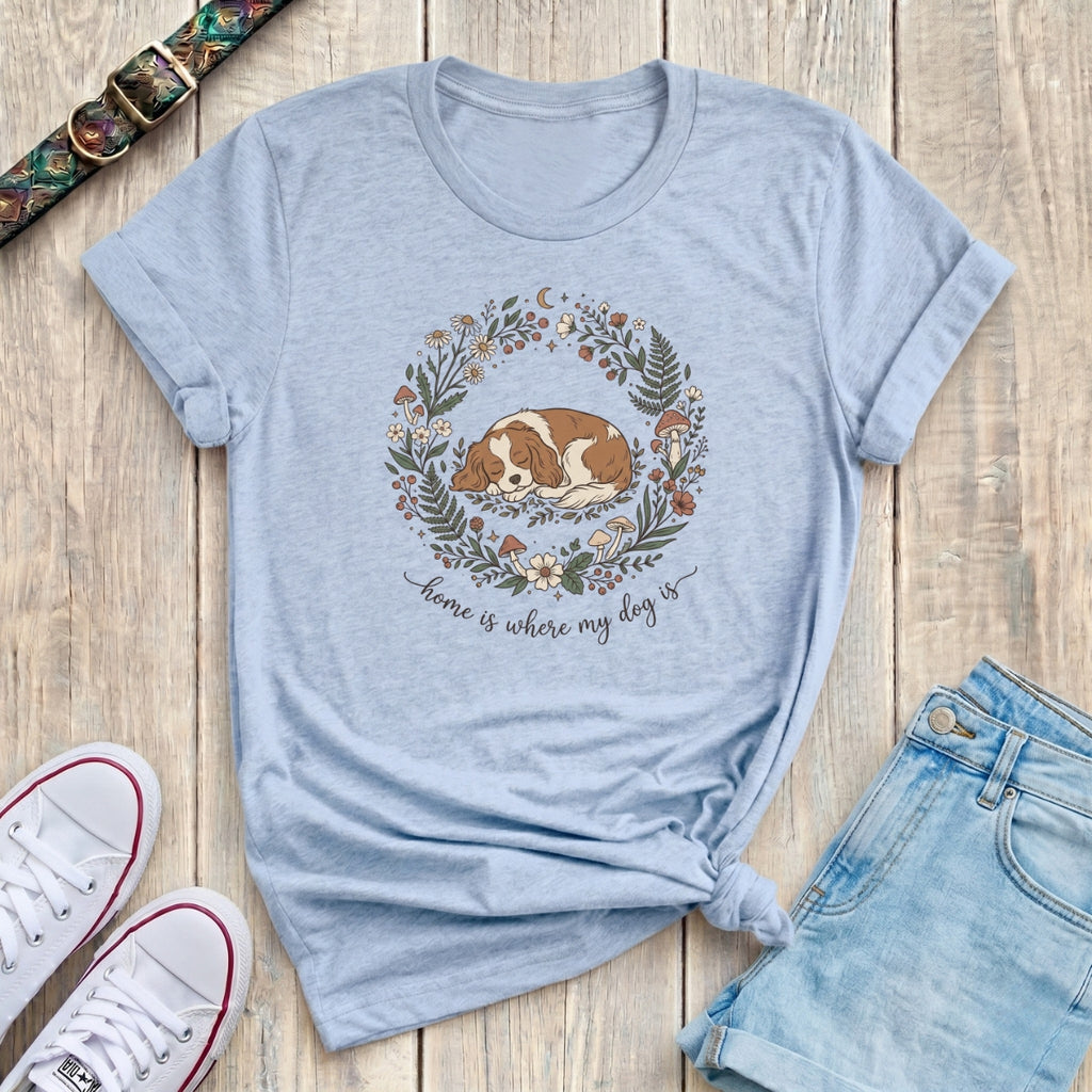 Fetchkind light blue home is where my dog is spaniel botanical wreath t-shirt UK