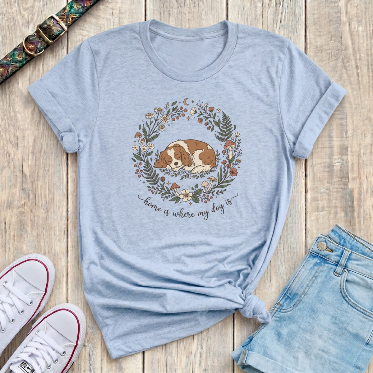 Fetchkind light blue home is where my dog is spaniel botanical wreath t-shirt UK