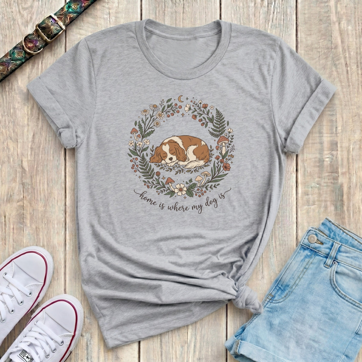 Fetchkind sport grey home is where my dog is sleeping spaniel floral wreath tshirt UK