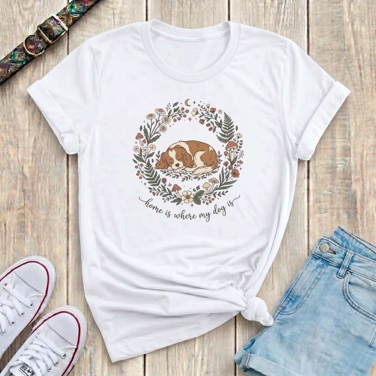 Fetchkind white home is where my dog is spaniel botanical wreath tee soft everyday fit