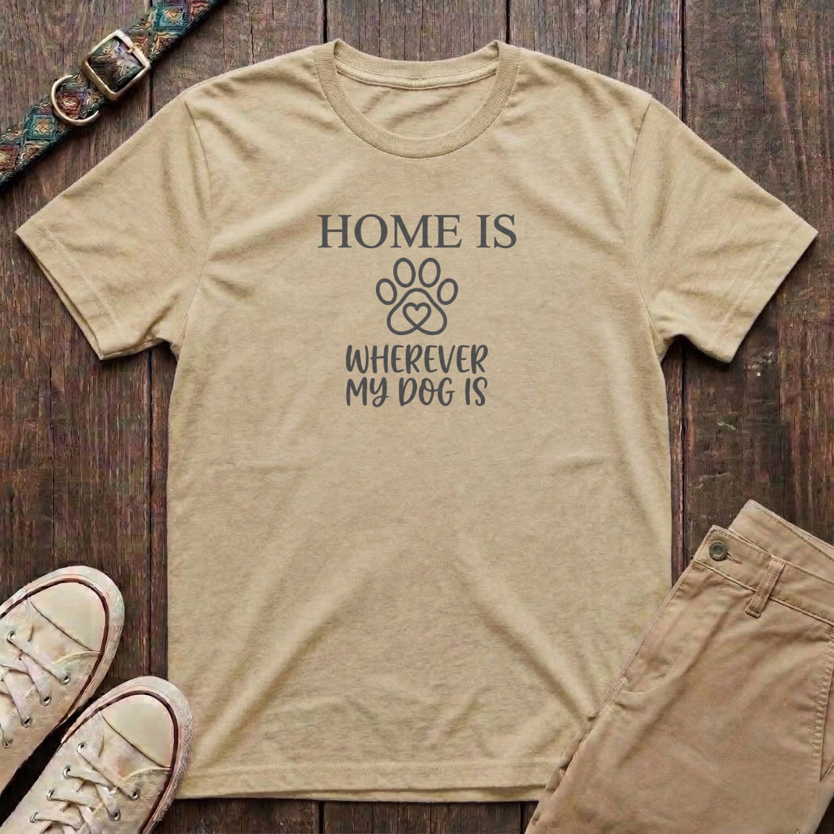 Natural dog lover t-shirt with Home Is Wherever My Dog Is slogan and heart paw print design by Fetchkind