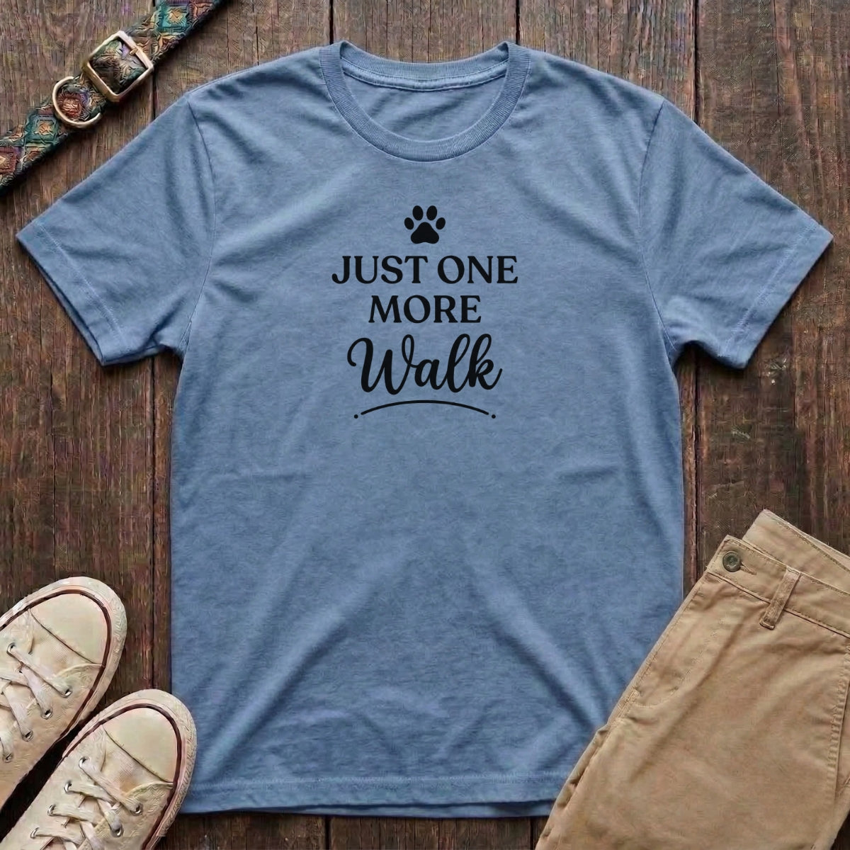 Light Blue dog walking t-shirt with Just One More Walk slogan and paw print design by Fetchkind