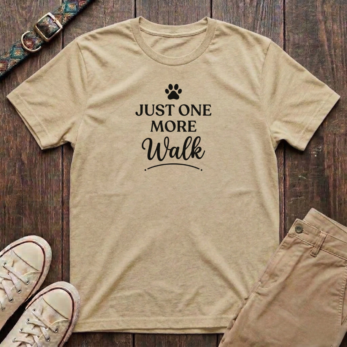 Natural dog walking t-shirt with Just One More Walk slogan and paw print design by Fetchkind