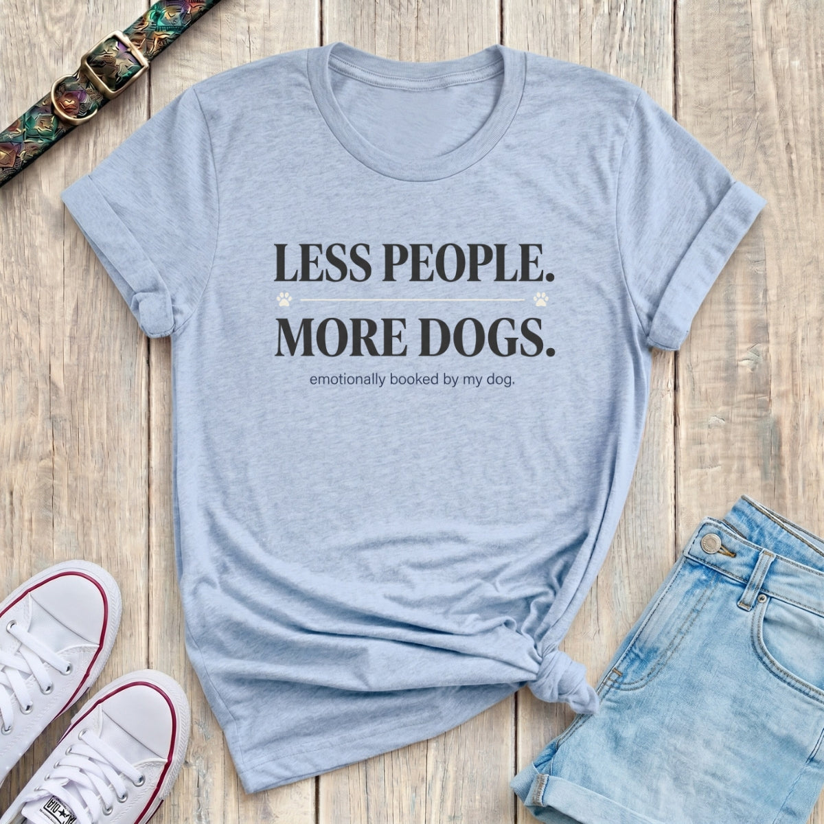 Fetchkind light blue less people more dogs emotionally booked serif paw print tshirt UK