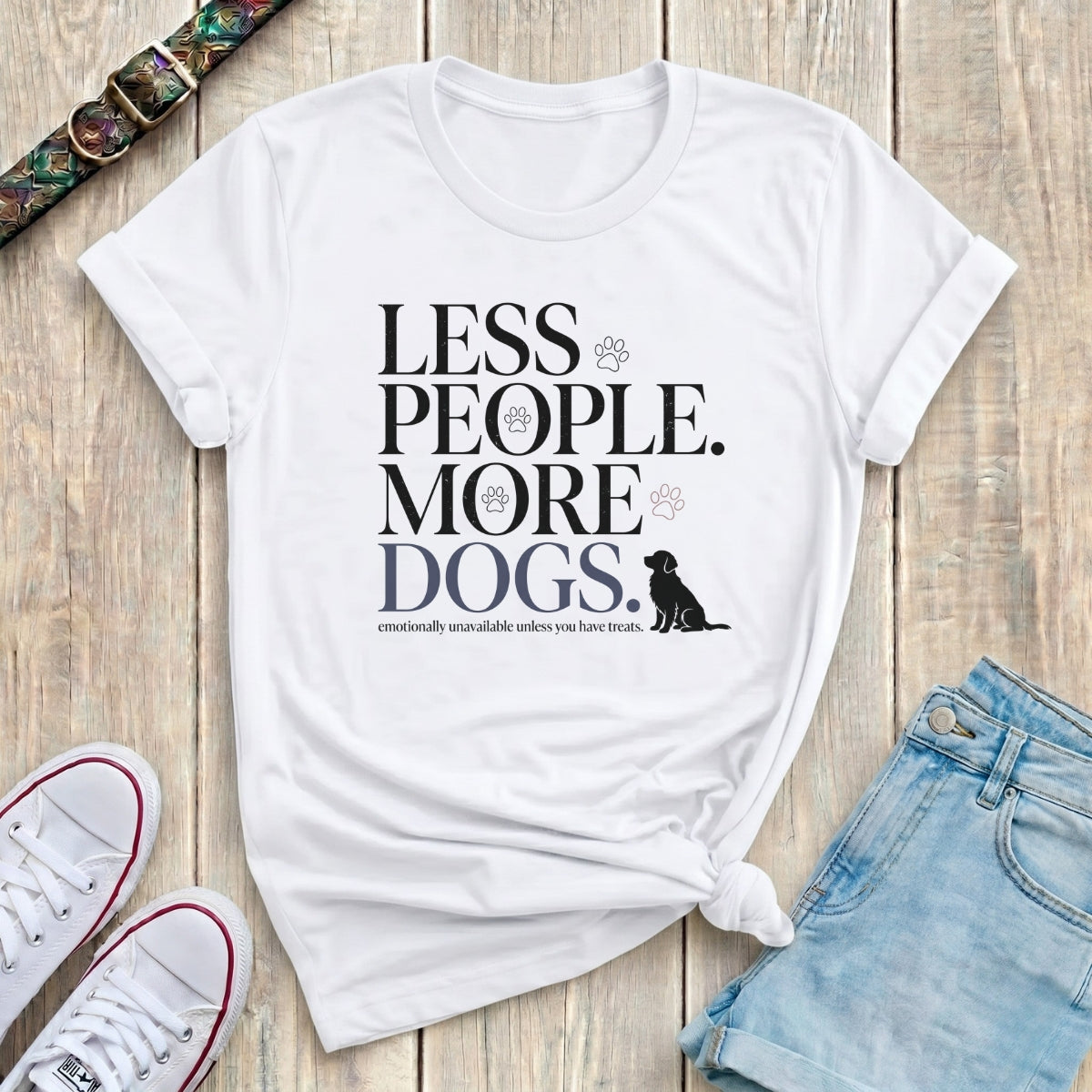 Fetchkind white less people more dogs bold stacked serif funny dog lover tshirt