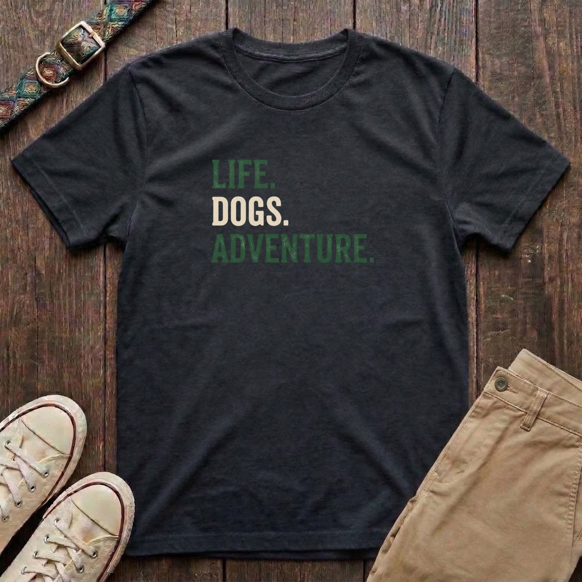 Black dog adventure t-shirt with Life Dogs Adventure slogan in distressed green and brown type by Fetchkind