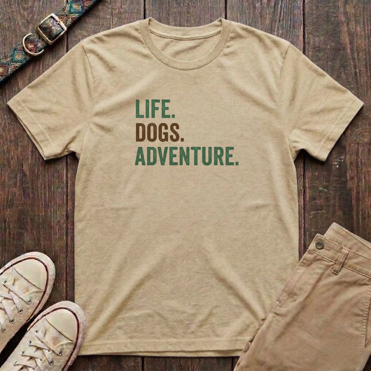 Natural dog adventure t-shirt with Life Dogs Adventure slogan in distressed green and brown type by Fetchkind