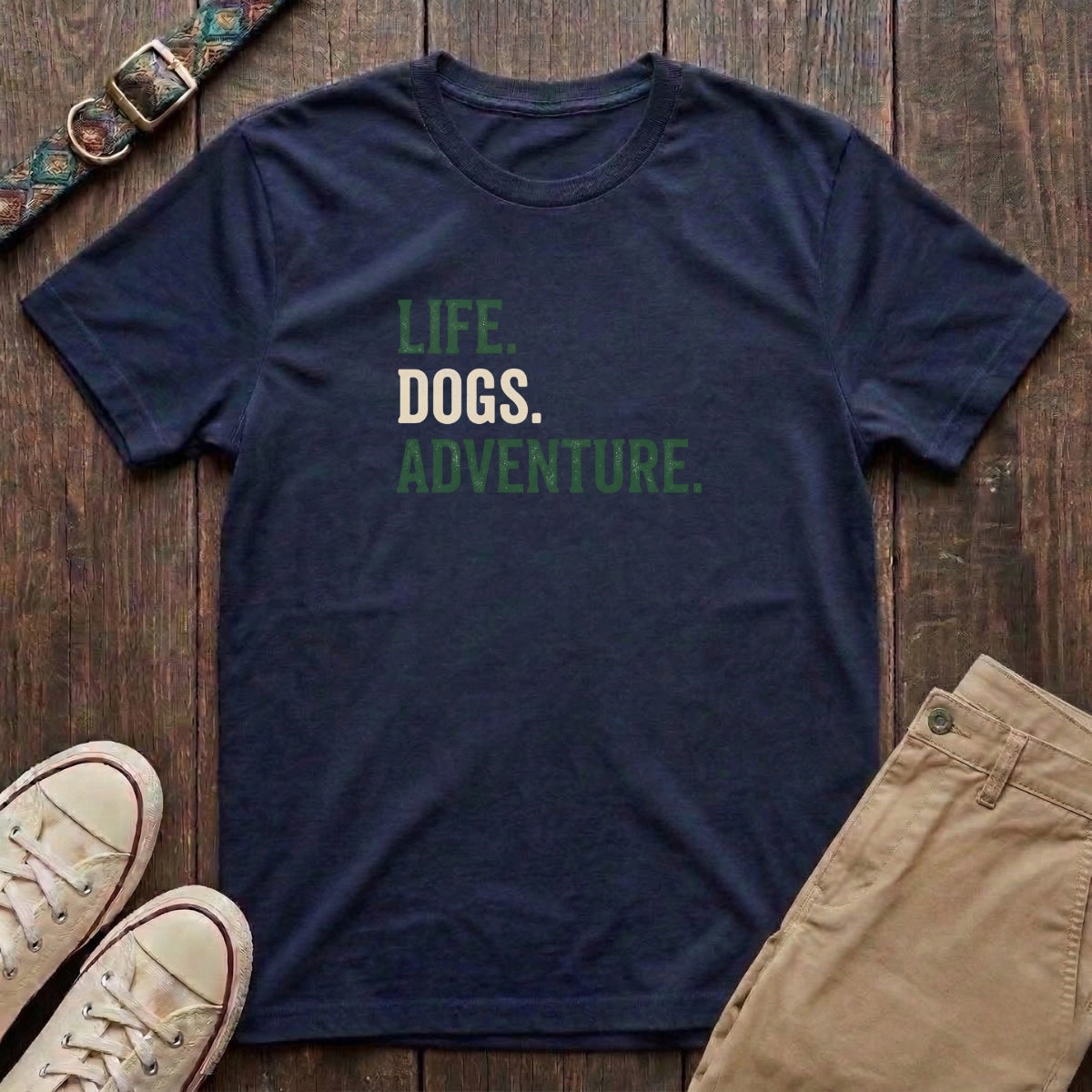 Navy dog adventure t-shirt with Life Dogs Adventure slogan in distressed green and brown type by Fetchkind