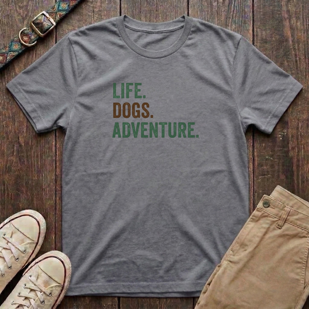 Sport grey dog adventure t-shirt with Life Dogs Adventure slogan in distressed green and brown type by Fetchkind