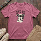 Azalea funny dog lover t-shirt with Mostly Here for the Dogs slogan and cool dog in sunglasses illustration by Fetchkind