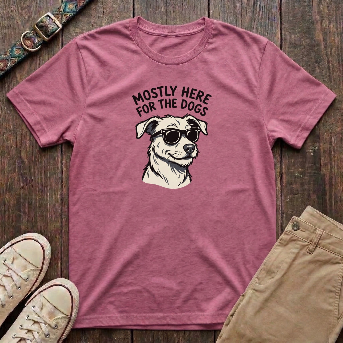 Azalea funny dog lover t-shirt with Mostly Here for the Dogs slogan and cool dog in sunglasses illustration by Fetchkind