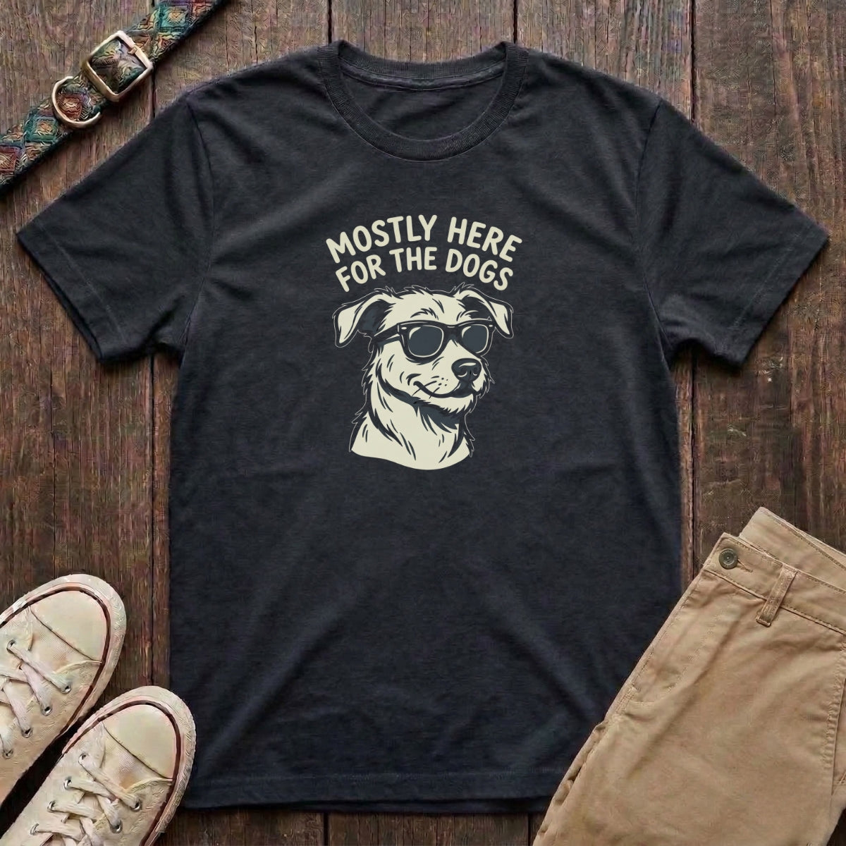 Black funny dog lover t-shirt with Mostly Here for the Dogs slogan and cool dog in sunglasses illustration by Fetchkind