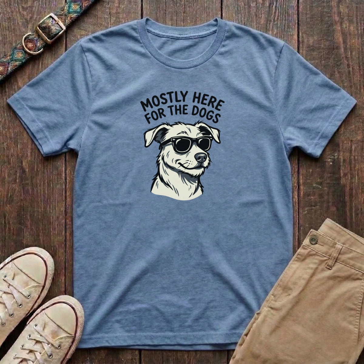 Light blue funny dog lover t-shirt with Mostly Here for the Dogs slogan and cool dog in sunglasses illustration by Fetchkind