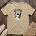 Natural funny dog lover t-shirt with Mostly Here for the Dogs slogan and cool dog in sunglasses illustration by Fetchkind