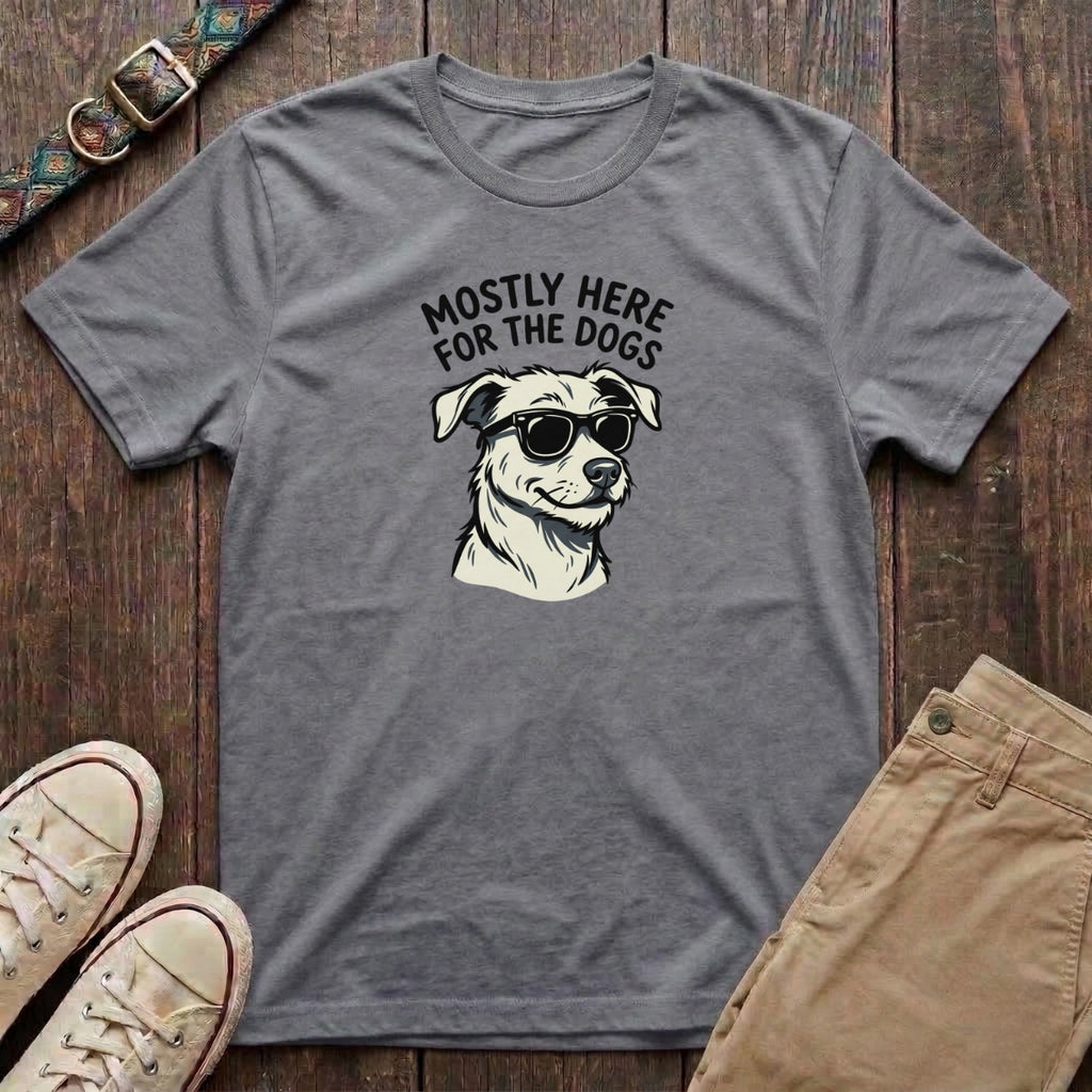 Sport grey funny dog lover t-shirt with Mostly Here for the Dogs slogan and cool dog in sunglasses illustration by Fetchkind