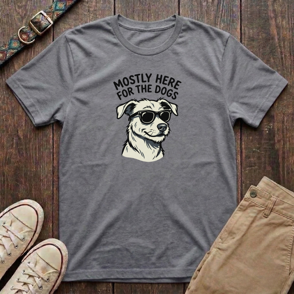 Sport grey funny dog lover t-shirt with Mostly Here for the Dogs slogan and cool dog in sunglasses illustration by Fetchkind