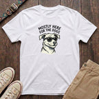 White funny dog lover t-shirt with Mostly Here for the Dogs slogan and cool dog in sunglasses illustration by Fetchkind