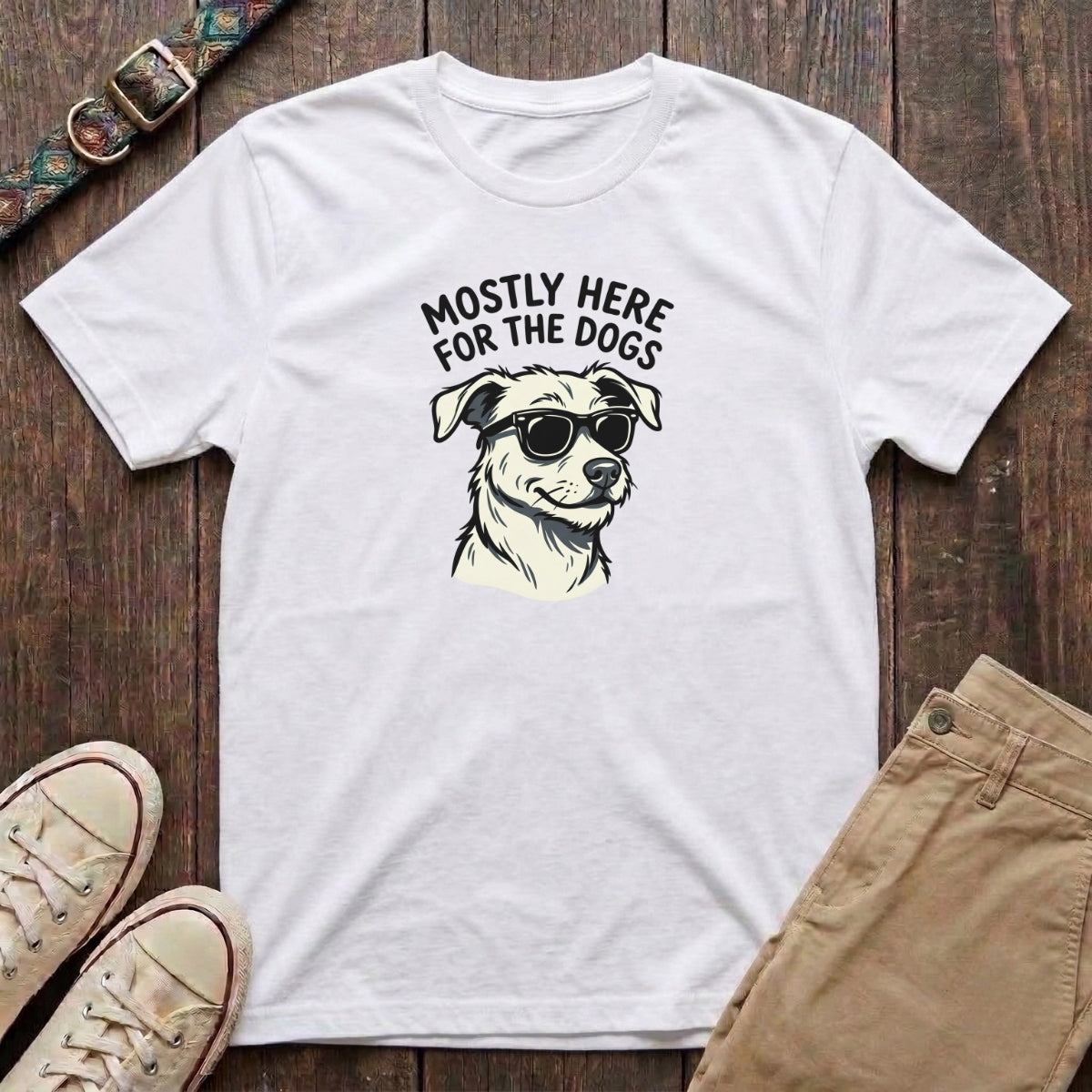 White funny dog lover t-shirt with Mostly Here for the Dogs slogan and cool dog in sunglasses illustration by Fetchkind