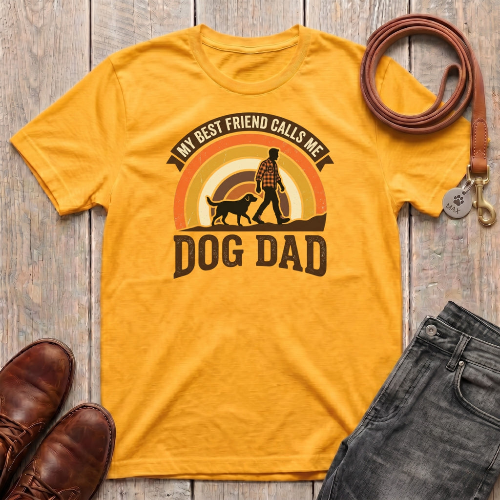 Fetchkind retro dog dad tee in gold warm sunset rainbow design dog dad gift idea from Fetchkind UK