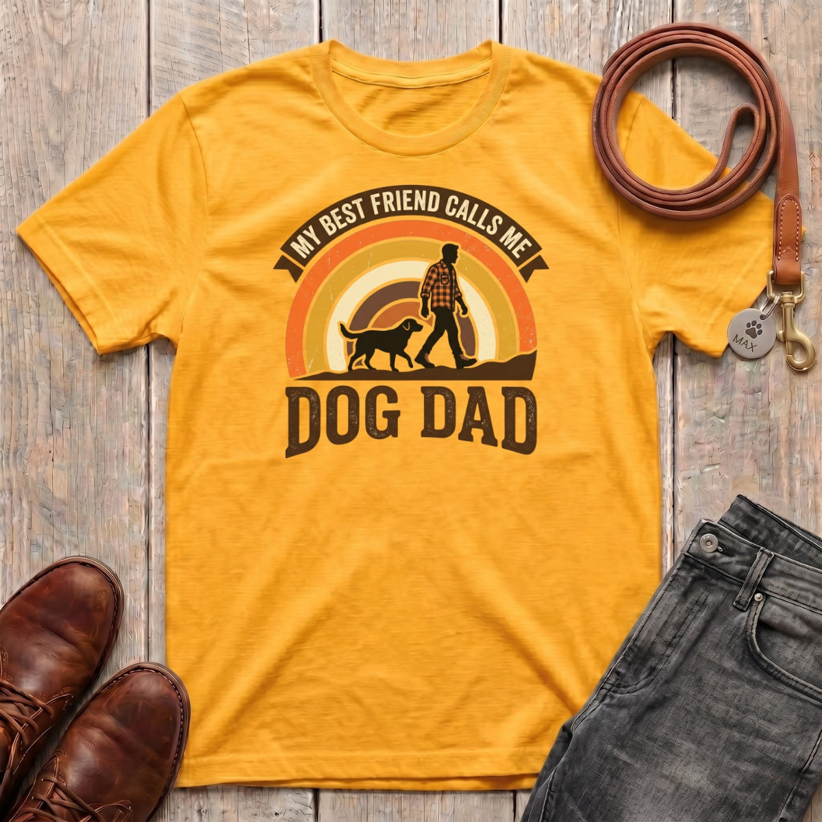 Fetchkind retro dog dad tee in gold warm sunset rainbow design dog dad gift idea from Fetchkind UK