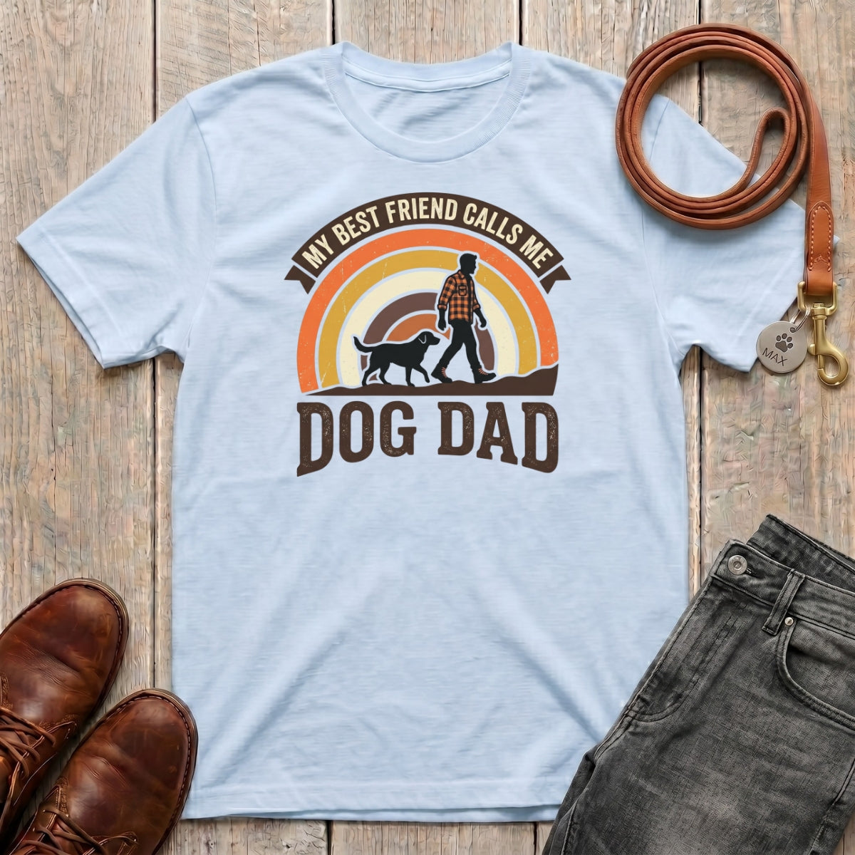 Fetchkind retro dog dad t-shirt in light blue sunset rainbow design dog dad gift for UK pet owners