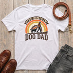 Fetchkind My Best Friend Calls Me Dog Dad t-shirt in white with retro sunset rainbow and walking silhouette