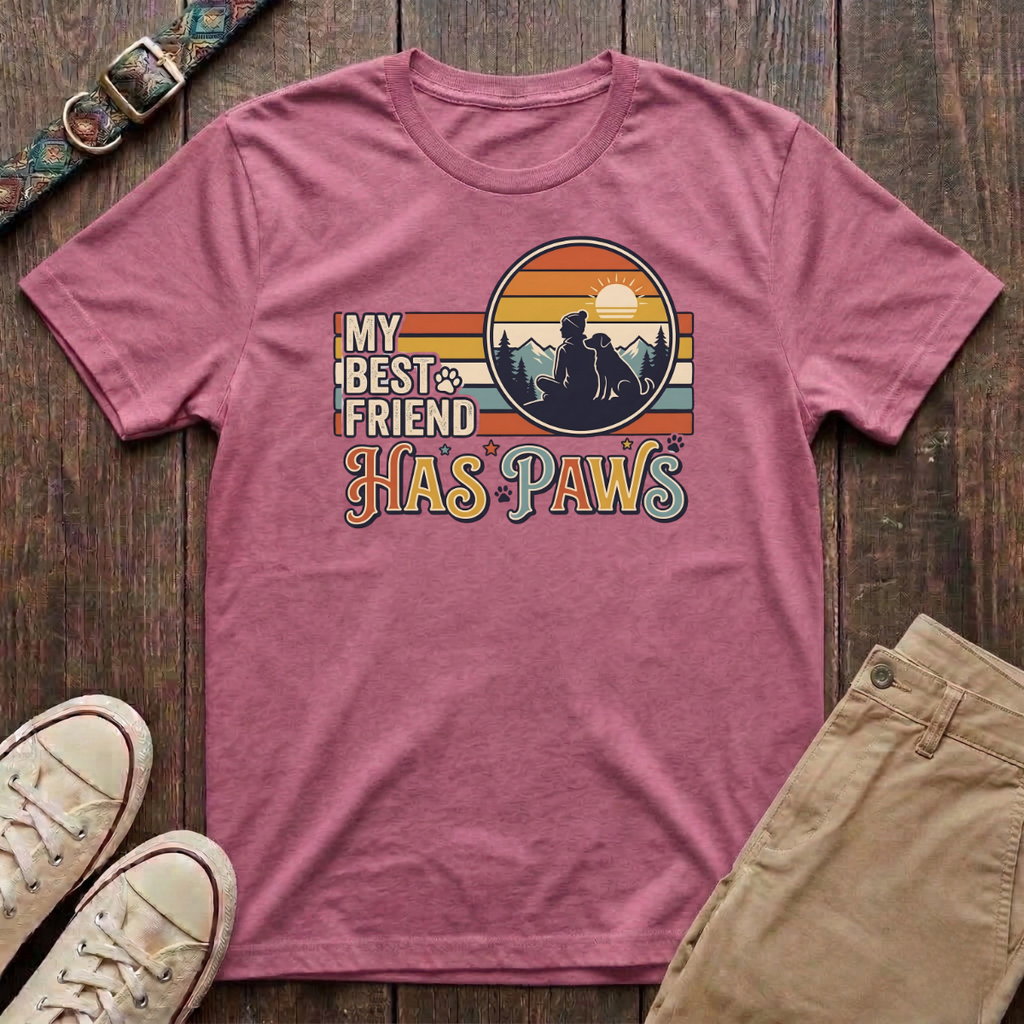Azalea dog lover t-shirt with My Best Friend Has Paws retro mountain sunset silhouette design by Fetchkind