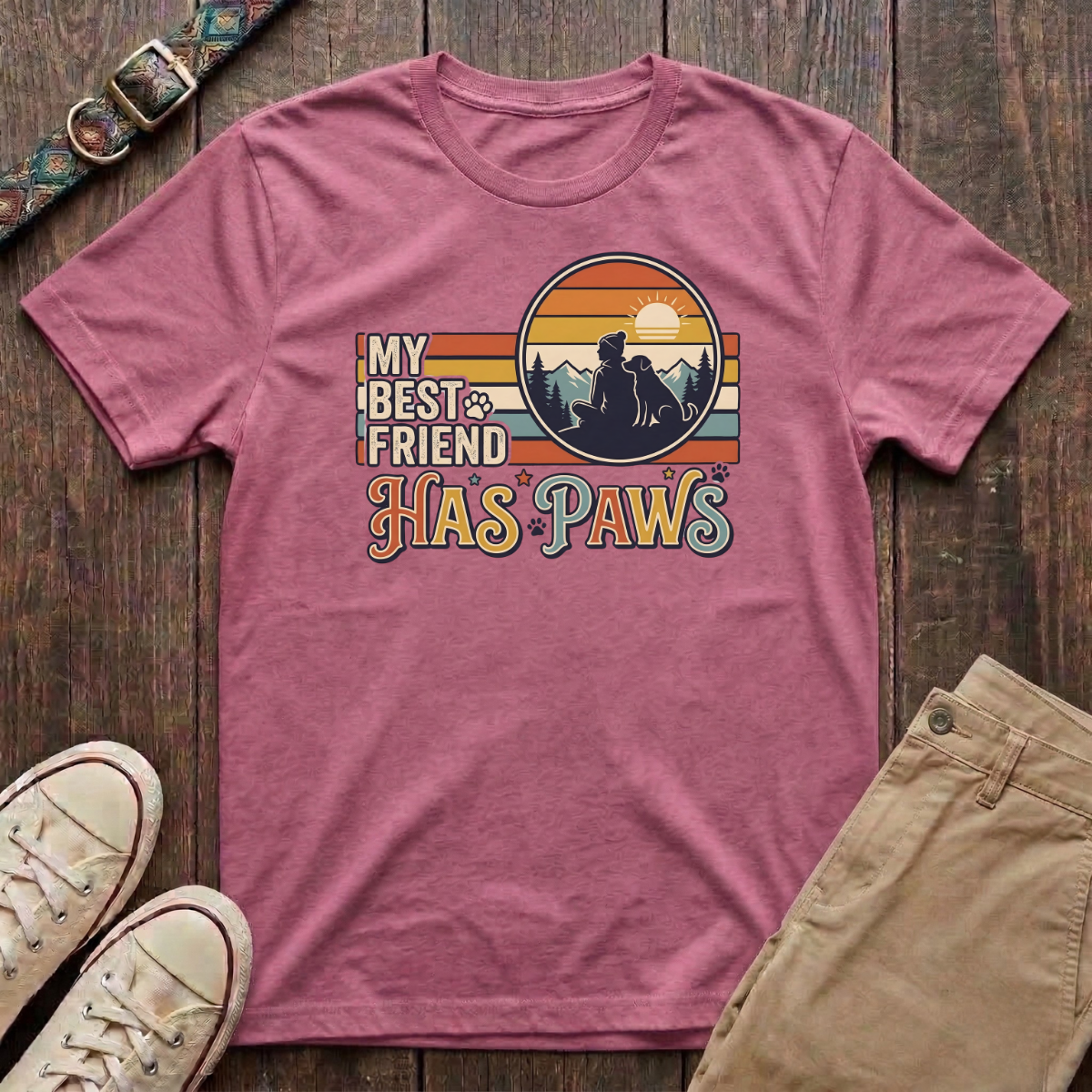 Azalea dog lover t-shirt with My Best Friend Has Paws retro mountain sunset silhouette design by Fetchkind