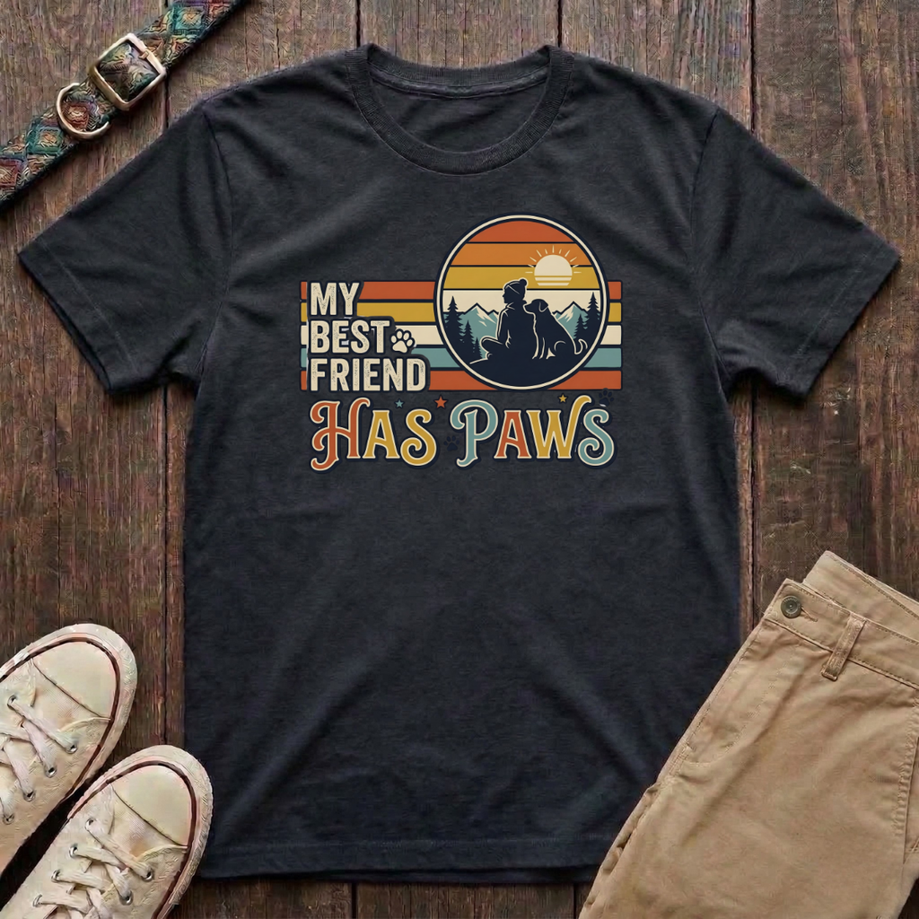 Black dog lover t-shirt with My Best Friend Has Paws retro mountain sunset silhouette design by Fetchkind