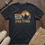 Black dog lover t-shirt with My Best Friend Has Paws retro mountain sunset silhouette design by Fetchkind