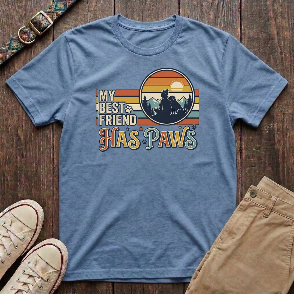 Light blue dog lover t-shirt with My Best Friend Has Paws retro mountain sunset silhouette design by Fetchkind
