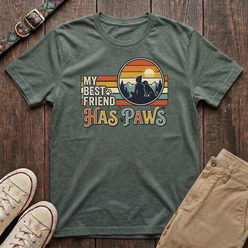 Military green dog lover t-shirt with My Best Friend Has Paws retro mountain sunset silhouette design by Fetchkind