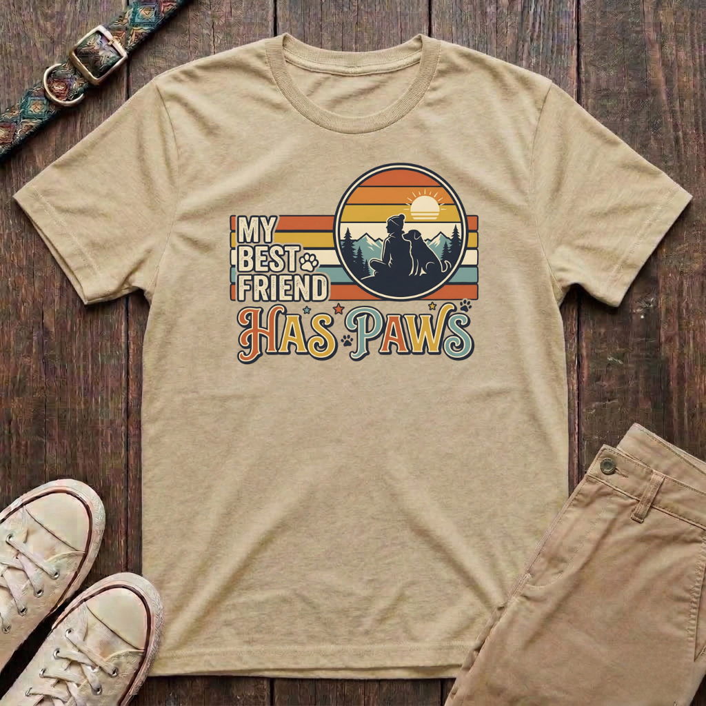 Natural dog lover t-shirt with My Best Friend Has Paws retro mountain sunset silhouette design by Fetchkind