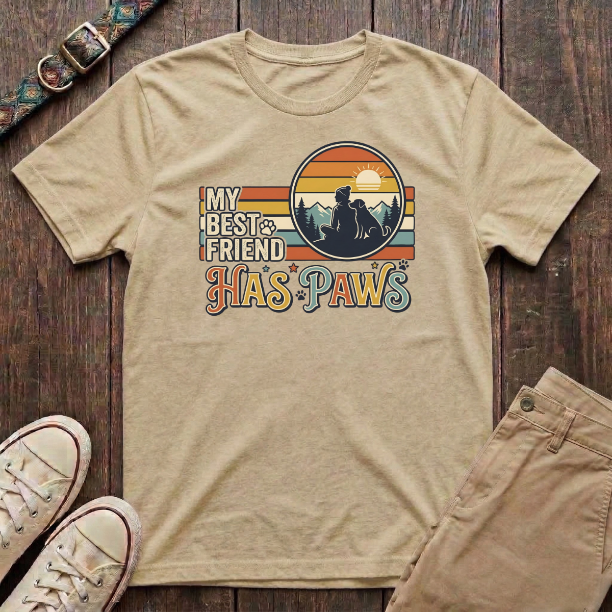 Natural dog lover t-shirt with My Best Friend Has Paws retro mountain sunset silhouette design by Fetchkind