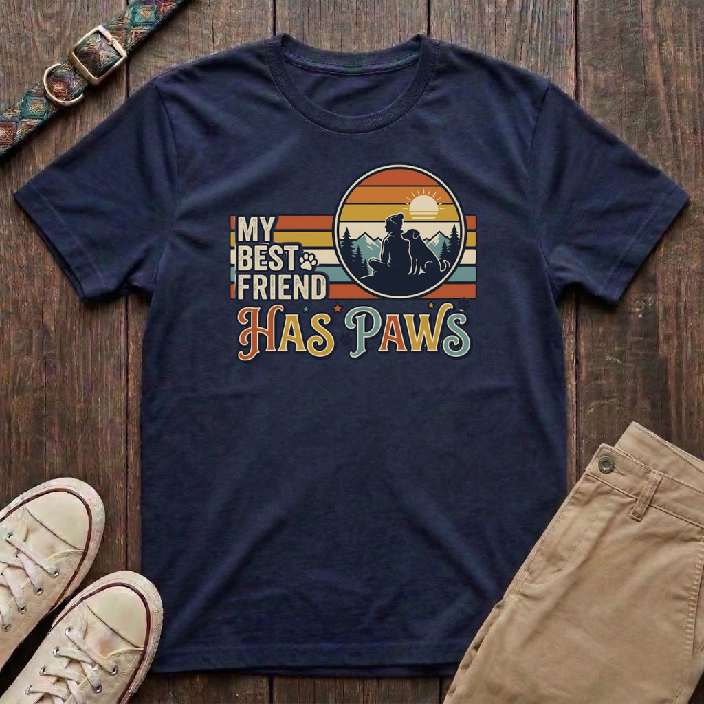 Navy dog lover t-shirt with My Best Friend Has Paws retro mountain sunset silhouette design by Fetchkind