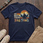 Navy dog lover t-shirt with My Best Friend Has Paws retro mountain sunset silhouette design by Fetchkind