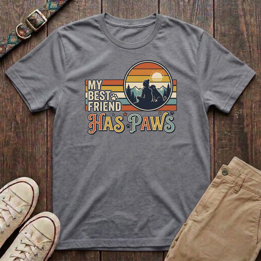 Sport grey dog lover t-shirt with My Best Friend Has Paws retro mountain sunset silhouette design by Fetchkind