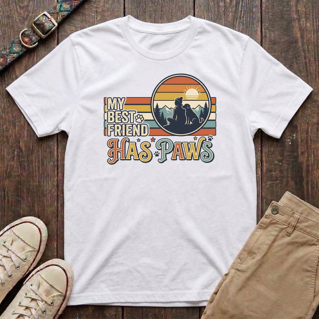 White dog lover t-shirt with My Best Friend Has Paws retro mountain sunset silhouette design by Fetchkind