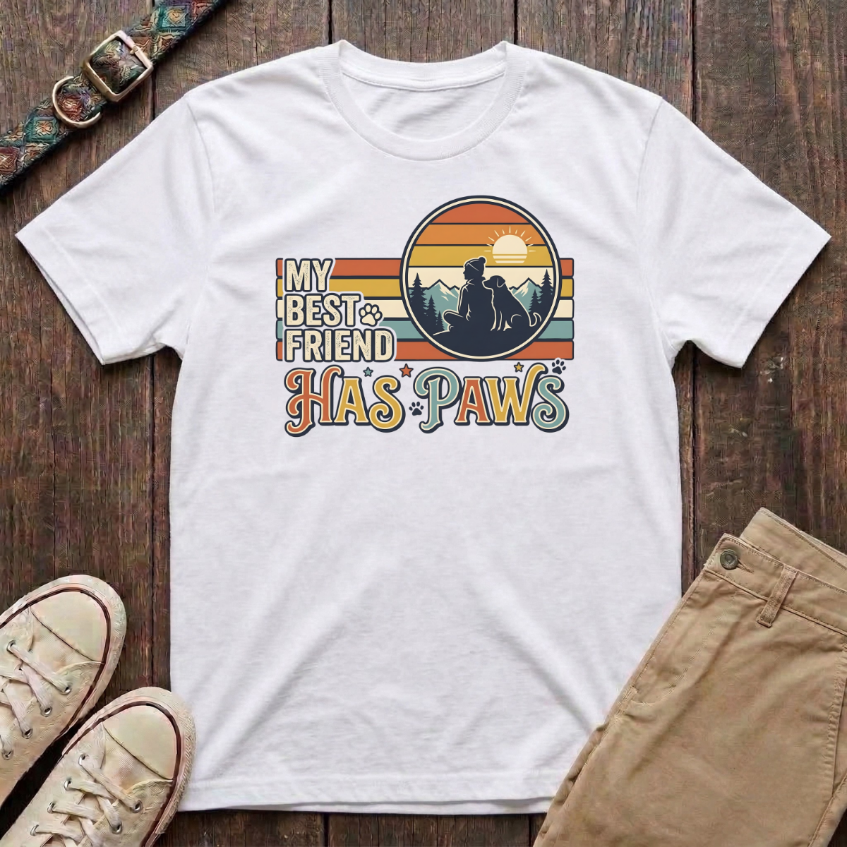 White dog lover t-shirt with My Best Friend Has Paws retro mountain sunset silhouette design by Fetchkind