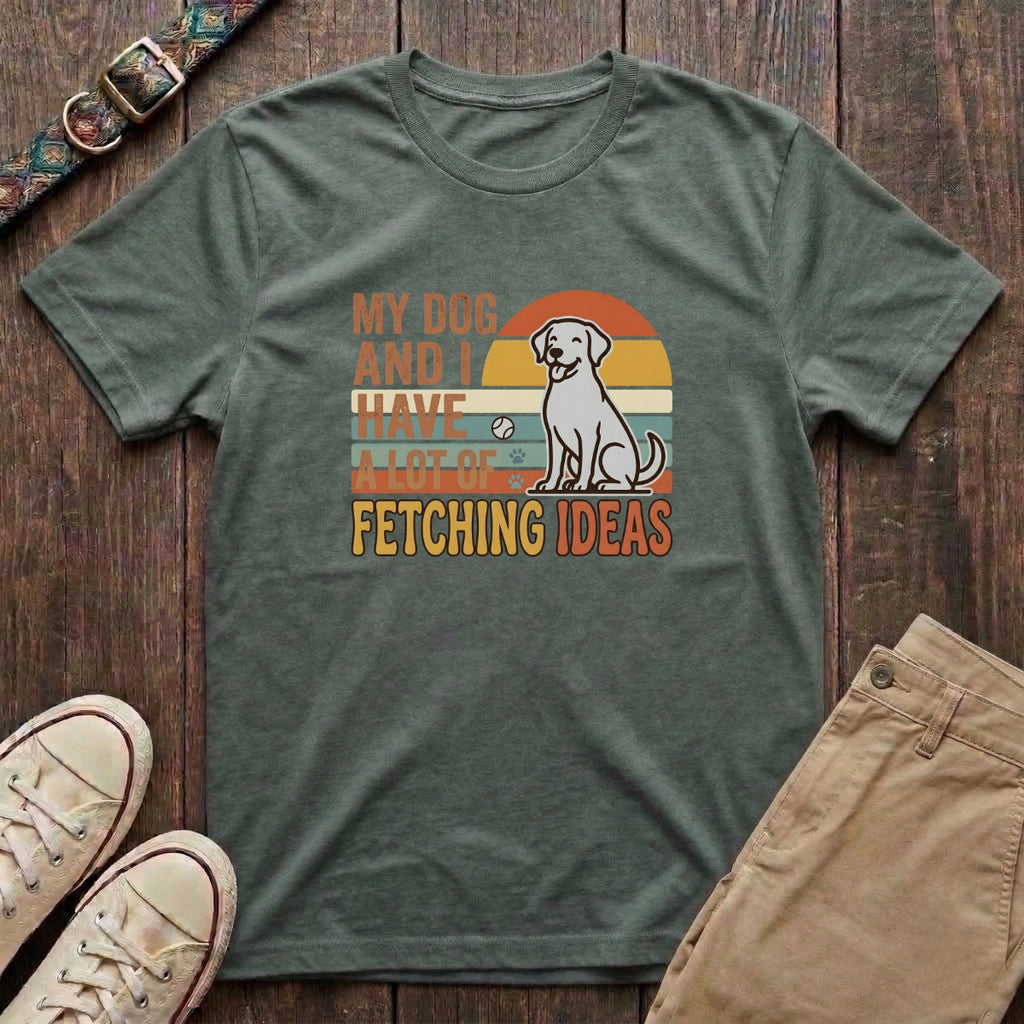 Military green funny dog lover t-shirt with My Dog and I Have a Lot of Fetching Ideas retro sunset design by Fetchkind