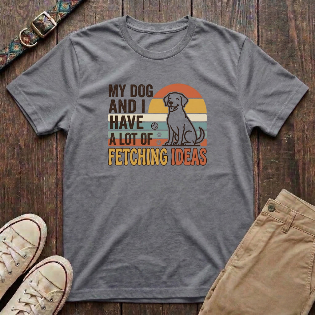 Sport grey funny dog lover t-shirt with My Dog and I Have a Lot of Fetching Ideas retro sunset design by Fetchkind