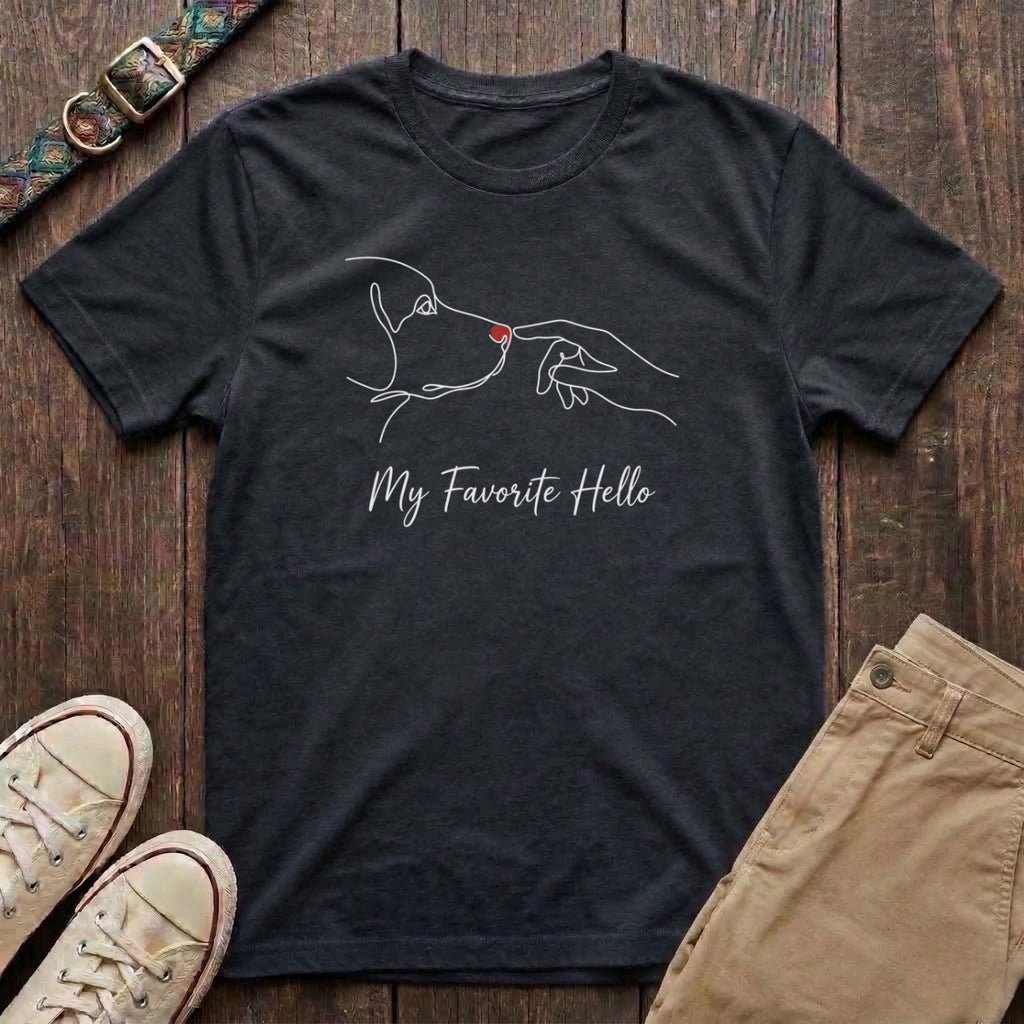 Black dog lover t-shirt with My Favourite Hello continuous line art of dog nose and human hand with red heart by Fetchkind