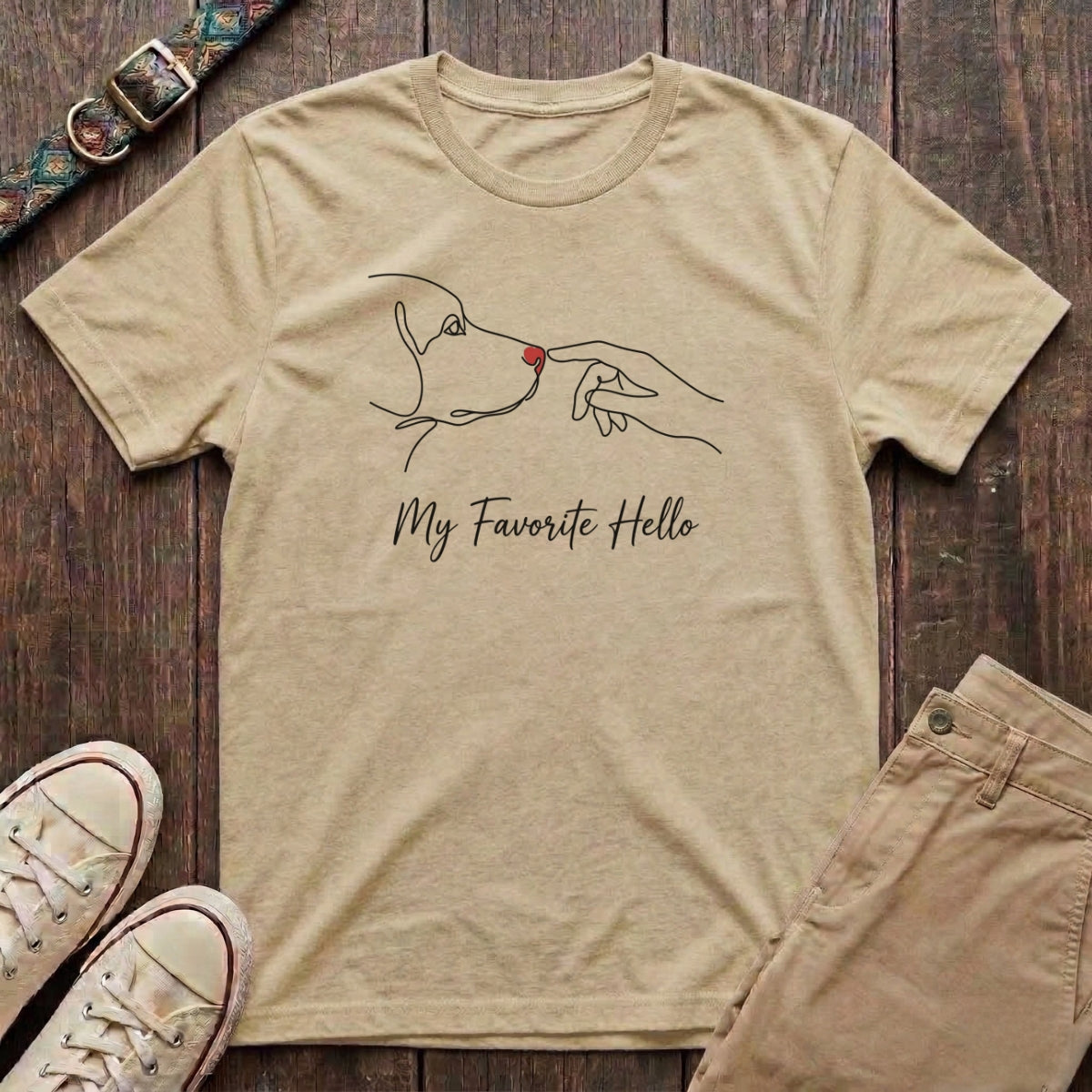 Natural dog lover t-shirt with My Favourite Hello continuous line art of dog nose and human hand with red heart by Fetchkind