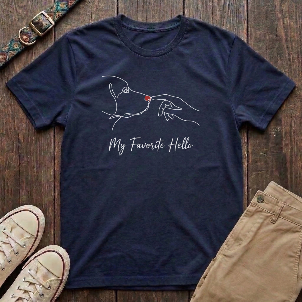 Navy dog lover t-shirt with My Favourite Hello continuous line art of dog nose and human hand with red heart by Fetchkind