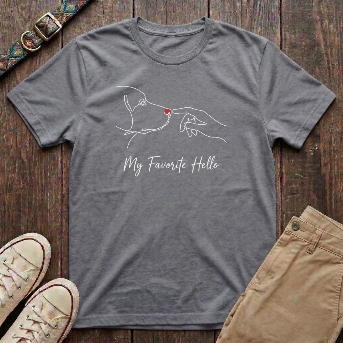 Sport grey dog lover t-shirt with My Favourite Hello continuous line art of dog nose and human hand with red heart by Fetchkind
